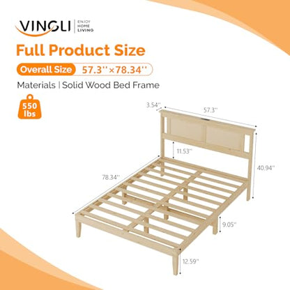 VINGLI Bed Frame Full Size with Rattan Headboard,Boho Platform Bed with Underbed Storage and Charging Ports for Bedroom,Solid Wooden Slats Surpport,Noise-Free,Natural - size: Full