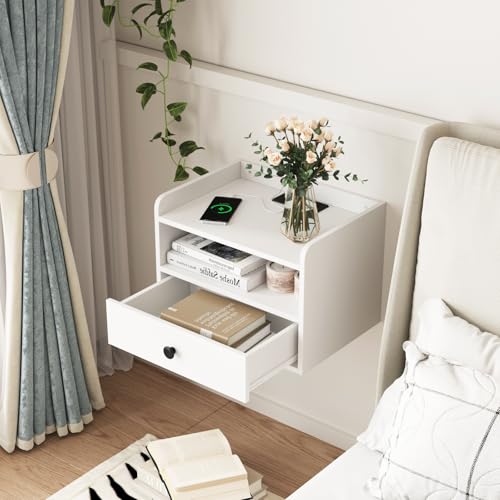 Floating Nightstand Set of 2 Modern Night Stands with Drawer and Open Shelf | Cubby Small Bedside End Table with Charging Station Wall Mounted Nightstands Set 2 for Bedroom White - color: White