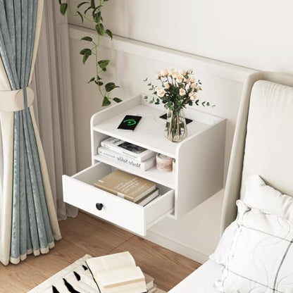 Floating Nightstand Set of 2 Modern Night Stands with Drawer and Open Shelf | Cubby Small Bedside End Table with Charging Station Wall Mounted Nightstands Set 2 for Bedroom White - color: White