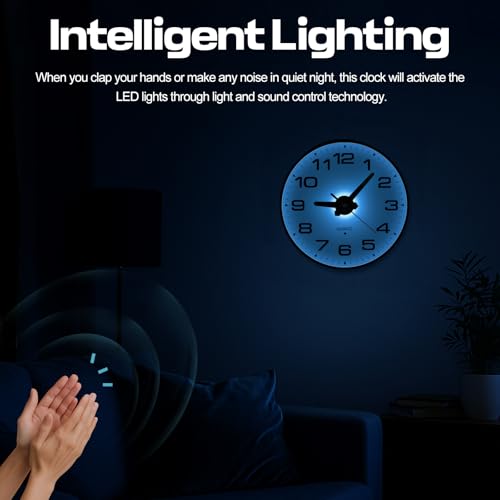 Night Light Wall Clocks Battery Operated, 8 Inch Silent Wall Clock for Bedroom Night Glow, Sound Control Luminous Wall Clocks for Living Room Decor, LED Wall Clock Modern for Kitchen Office - size: 8 Inch