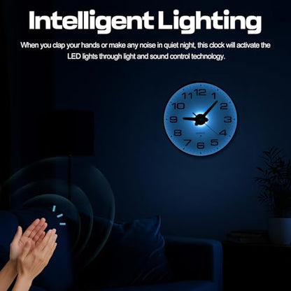 Night Light Wall Clocks Battery Operated, 8 Inch Silent Wall Clock for Bedroom Night Glow, Sound Control Luminous Wall Clocks for Living Room Decor, LED Wall Clock Modern for Kitchen Office - size: 8 Inch