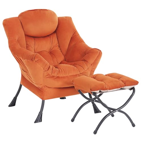 Modern Lazy Chair with Ottoman Lounge Accent Reading Chair for Living Room | Foldable Footstool,Removable Cover,Soft Padded Seat & Backrest,Upholstered Comfy Chair for Bedroom,Dorm,Office,Small Space - color: Velvet Orange