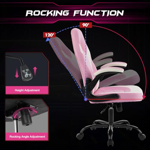 Sweetcrispy Computer Desk Chair, Lumbar Support Video Game Chair PU Leather | Ergonomic Comfy, PU Leather, Flip-up Armrest, Height Adjustable, 360 Swivel, White Pink - color: White Pink