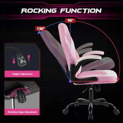 Sweetcrispy Computer Desk Chair, Lumbar Support Video Game Chair PU Leather | Ergonomic Comfy, PU Leather, Flip-up Armrest, Height Adjustable, 360 Swivel, White Pink - color: White Pink