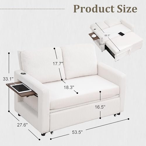 3 in 1 Folding Convertible Sleeper Sofa Bed Pull Out Couch with Side Pockets USB Port Side Table Loveseat Sofa Bed with Adjustable Backrest for Living Room Bedroom 66" Beige 2 SEAT - color: Beige, size: 2 SEAT