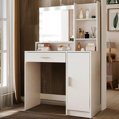 Palimder Vanity Desk with Mirror & Light, Large Drawer Three Level Storage Dresser, 3 Lighting Modes Adjustable Brightness, Bedroom Dressing Table - color: Purewhite