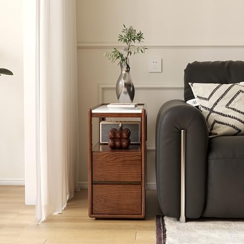 Solid Wood End Table with Storage Drawers, Narrow Side Table for Couch | 2 drawers, hidden wheels and slim design make this narrow side table perfect for couches, bedrooms and small spaces. - color: Walnut