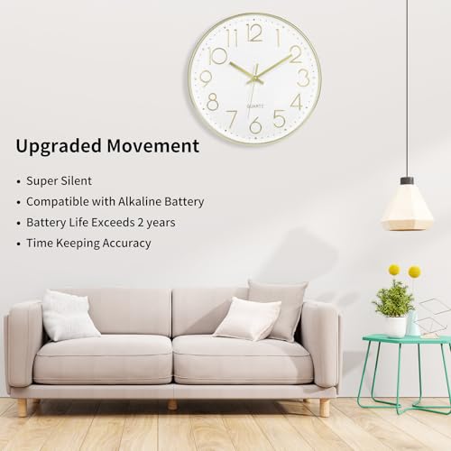 Foxtop 12" Modern Wall Clock Silent Battery Operated Analog Clock, Gold | Non Ticking, Quartz, Round, Easy to Read, Bedroom, Kitchen, Living Room, Office - color: Gold, size: 12 Inch Quartz