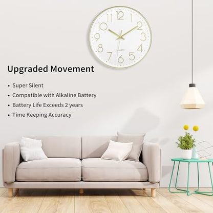 Foxtop 12" Modern Wall Clock Silent Battery Operated Analog Clock, Gold | Non Ticking, Quartz, Round, Easy to Read, Bedroom, Kitchen, Living Room, Office - color: Gold, size: 12 Inch Quartz