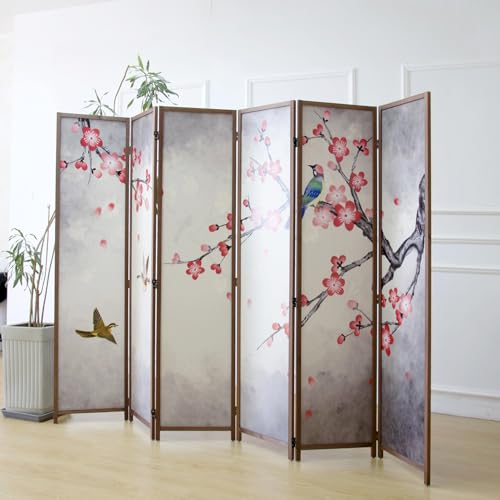 6 Panel Room Divider for Room Separation, 5.6 ft Tall Double Sided Blackout Folding Privacy Screen for Home Office - Freestanding Partition with Magnolia and Plums Scenery (67" H x 94.5" W) - color: Magnolia and Plums, size: 6 Panel