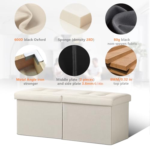 AmasSmile Footrest Ottoman Storage Bench,34" Linen Folding Chest,Beige | Large Ottoman with Storage,Thicker Foam Padded Seat,Livingroom,Dorm,Bedroom,Entryway,Easy to install,34 x 13 x 13in - color: Beige-linen