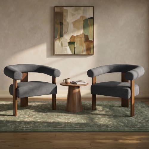 VKNOW Barrel Accent Chair, Vanity Chair with Armrests and Walnut Wood Legs | Mid Century Modern Upholstered Living Room Chairs with Open Back, Faux Mohair Fabric, for Living Room, Bedroom, Charcoal - color: Charcoal(walnut Legs), size: Set of 1