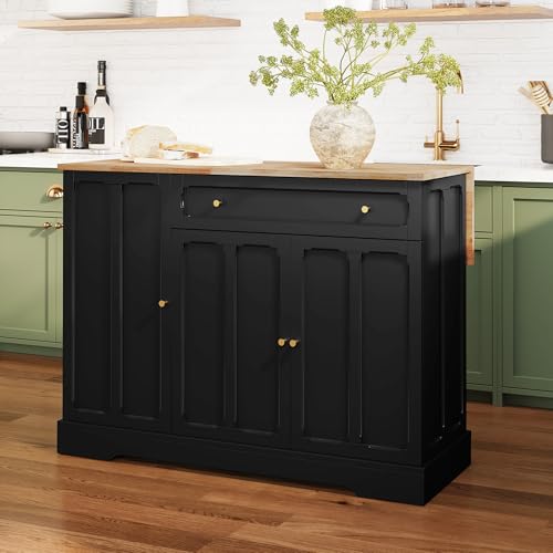 HLR Kitchen Island with Drop Leaf & Storage, Solid Rubber Wood Top Rolling Kitchen Cart with Carved Recessed Panel Doors, Large Mobile Island Table on Wheels for Kitchen, Dining Room (Black) - color: Black
