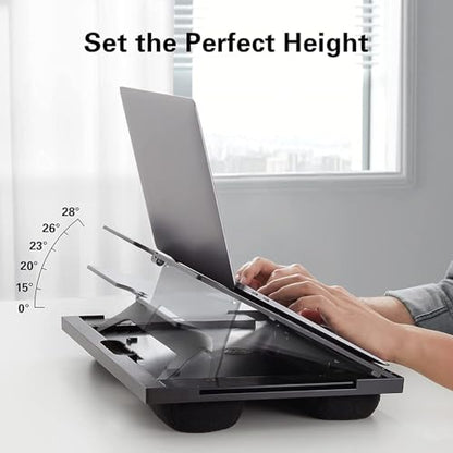 HUANUO Adjustable Lap Desk with 6 Angles – Up to 15.6" Laptop, Black | Detachable mouse tray for left/right use, dual-cushion base, anti-slip design, carry handle, for home office, sofa, bed, car