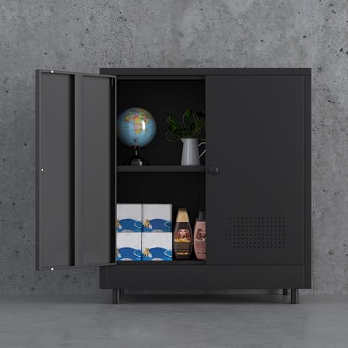 Metal Storage Cabinet with 2 Doors and Adjustable Shelf, Steel Accent Sideboard Buffet Cabinet for Home, Office, Garage, Entryway, Living Room, Kitchen Pantry and Dining Room (Black) - color: Black