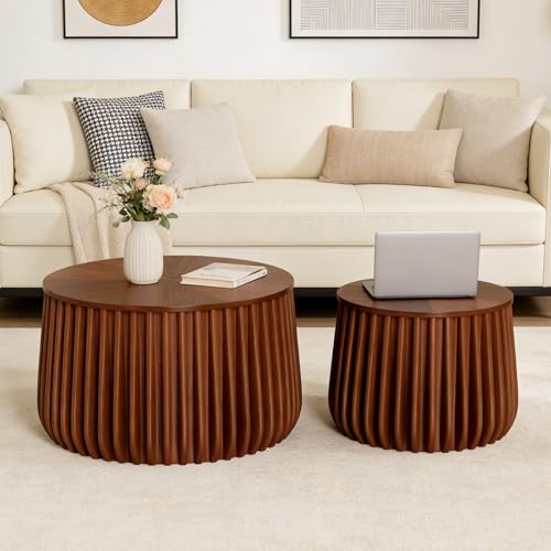 Nesting Coffee Table Set of 2, Round, Walnut | Hidden Storage, Solid Wood, Stackable End Tables, Circle Side Tables for Small Space Living Room Apartment - color: Walnut 26.77"
