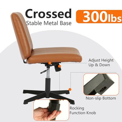 FDW | Criss Cross Chair Without Wheels | Brown | Armless Desk Chair | With Wide Seat, 360 Swivel, Height Adjustable & Stable Metal Base | for Office, Home Office, Vanity Seating | Pack of 1 - color: Brown, style: Without Wheels