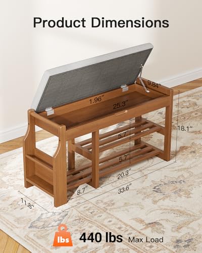Pipishell 34" Pine Wood Shoe Bench Entryway with Soft Cushion and Storage | Lift-top storage, side holder, 440 lbs weight capacity, sturdy and durable, EPA & CARB-certified, holds 7 pairs, for entryway - size: 33.6 Inch