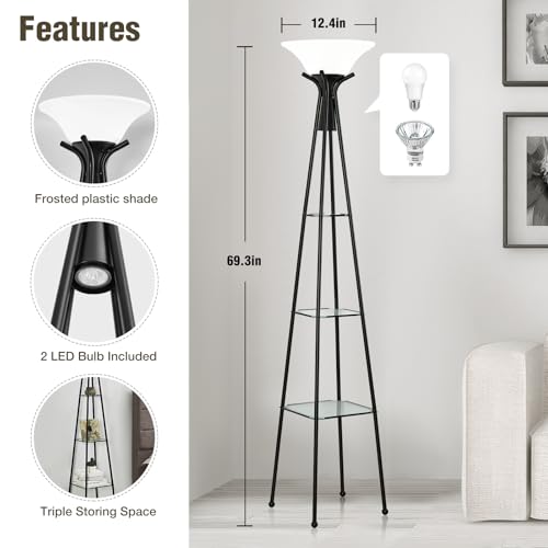 Luvkczc Torchiere Floor Lamp with Shelves, Black, 69" Tall | 3-Tier Glass Shelf, Plastic Shade, Adjustable Color Temperatures, Bulb Included - color: Black