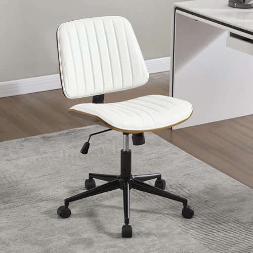 VipDesk Small Home Office Chair - Armless Mid Back Desk Chair with 360° Swivel and Wheels, PU Upholstered Height Adjustable Modern Walnut Computer Chair for Home, Office Meeting Room - White - color: White, size: Classic