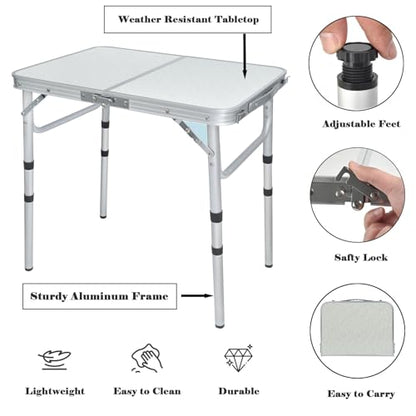 Small Folding Camping Table, 2ft Portable Picnic Table Aluminum 24" x 16" Folding Table, 3 Adjustable Heights Portable Lightweight Table Dining Table for RV, Picnic, Beach (White) - color: White