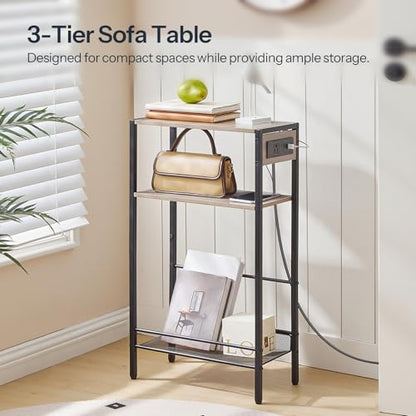 HOOBRO 15.7" Narrow Console Table with Charging Station, 3 Tier Entryway Table for Small Space, Behind Couch Table, Sofa Table, for Entryway, Hallway, Living Room, Greige and Black BG42UXG01 - color: Greige + Black