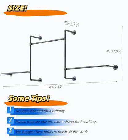 Industrial Pipe Clothing Rack, Wall Garment Rack, Hanging Clothes Rod | Pipe Clothes Rails, Multi-Purpose, Heavy Duty, Space-Saving, Clothes Bar, Organizer, Closet - style: wall clothing rack-3 hanging rods