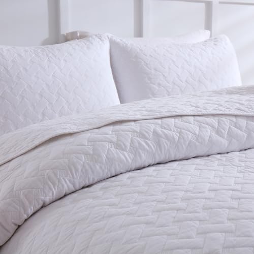 Wistown Cotton Bedspread Quilt Bedding Set, Queen Size, White | 3 Pieces Reversible Lightweight Soft Coverlets Comforters, All Seasons, Weave Stitching Pattern - color: White Weave Pattern, size: Queen (90 by 98inch)