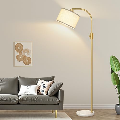 Nintiue Upgraded Modern Arc Dimmable Tall Standing Floor Lamp with Marble Base & Linen Shade, 1200 Lumens LED Bulb Included, for Living & Reading Room, Bedroom, Office & Nursery, Gold - color: Marble base & Gold