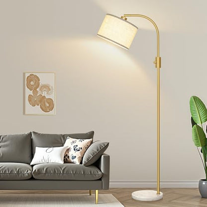 Nintiue Upgraded Modern Arc Dimmable Tall Standing Floor Lamp with Marble Base & Linen Shade, 1200 Lumens LED Bulb Included, for Living & Reading Room, Bedroom, Office & Nursery, Gold - color: Marble base & Gold