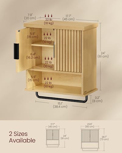 VASAGLE MAXE Collection - Bathroom Cabinet Wall Mounted, Over Toilet Hanging Cabinet with Adjustable Shelf, Towel Bar, Fluted Doors, 7.9 x 17.7 x 24 Inches, Transitional, Oak Beige UBBK137Y01S - color: Oak Beige, style: 2Doors（24"H）