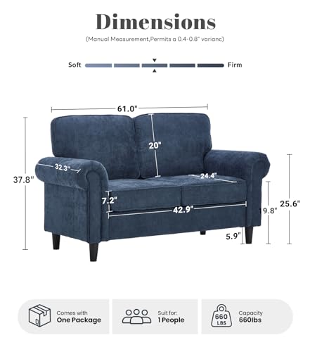 Loveseat 2 Seater Couch, Mid Century Modern Chenille Sofa with Rolled Arms and Deep Seats, Fluffy Comfort for Living Room, Apartment, Easy Assembly, Blue - color: Blue, size: Chenille Loveseat