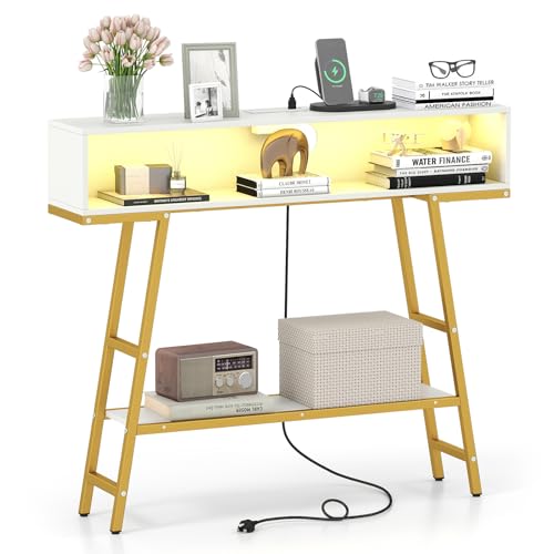 GIANTEX Modern Console Table with Charging Station & LED Lights | 40" Entryway Table with Storage Shelves, 3-Tier Display Shelf for Small Space, Sofa Table for Living Room, White & Gold - color: White + Gold