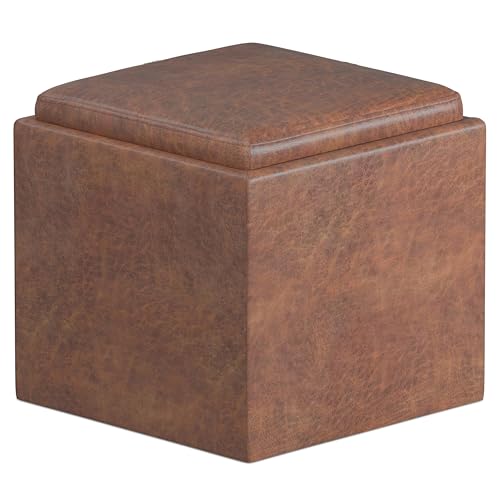 SIMPLIHOME Rockwood 17" Wide Vegan Leather Storage Ottoman in Denim Blue | Distressed saddle brown, contemporary ottoman with flip-over tray top and hidden storage; cube storage bench for living room. - color: Distressed Saddle Brown