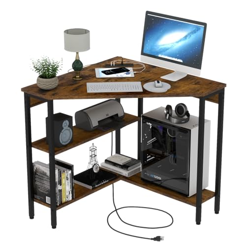 Triangle Corner Desk with Power Outlets, Storage Shelves for Small Space | 90 Degree Corner Table with CPU Stand, Computer Table with Charging Station for Home Office, Bedroom (Rustic) - color: Rustic