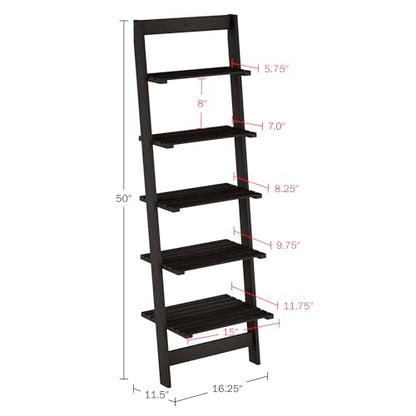 Lavish Home 5-Tier Ladder Shelf – 50" Narrow Leaning Wood Bookcase for Small Spaces, Decorative Storage in Living Room, Office, or Bathroom – Black Modern Display Shelf