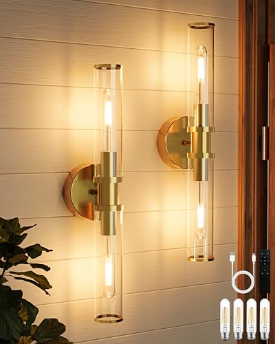 8000mAh Wireless Wall Sconces with Remote Control 3000K, Gold, 20.5 Inch | Battery Operated Wall Sconce Set of 2 with Timer, Rechargeable Dimmable Wall Lights for Living Room Bedroom Hallway Entryway - color: Gold(Clear Tubular Lampshade)