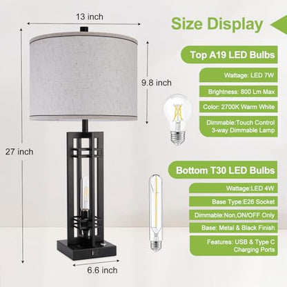 Set of 2 Farmhouse Table Lamps for Living Room,27-inch Bedside Lamps | Cream Shade Desk Lamps with USB A+C Ports, 3-Level Dimmable Touch Light, 4 LED Bulbs Included, Bedroom Home Office Nightstand - color: Beige