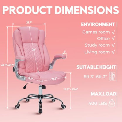 400lbs Executive Office Chair with Flip-Up Armrests, Big and Tall Computer Chair for Heavy People, Heavy Duty Ergonomic Comfy Chair, Breathable PU Leather (Pink) - color: Pink