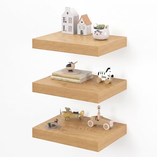 Dreamland 16" Floating Shelves for Wall, 12" Deep Thicker Floating Shelves, Wall-Mounted Shelves for Bedroom, Living Room, Kitchen, Bathroom,Oak - Set of 3 - color: Oak, size: 16"W x 12"D x 2"H, Set of 3