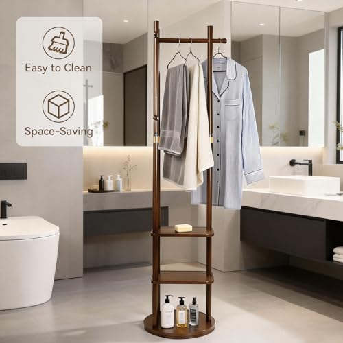 Wood Coat Rack Freestanding Rotary Coat tree with 3 Shelves and 5 Hooks | 4 Swivel Wheels Heavy Duty Clothing Rack Coat Hanger Stand for Corner Entryways Living Rooms and Bedrooms, Walnut