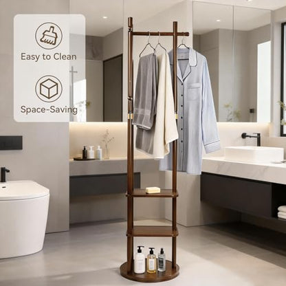Wood Coat Rack Freestanding Rotary Coat tree with 3 Shelves and 5 Hooks | 4 Swivel Wheels Heavy Duty Clothing Rack Coat Hanger Stand for Corner Entryways Living Rooms and Bedrooms, Walnut