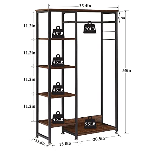 VECELO Open Garment Clothing Rack, Free-Standing Heavy Duty Storage Closet with 5 Shelves and Hanging Rod for Small Spaces, Max Load 350LBS, Brown - color: Dark Brown
