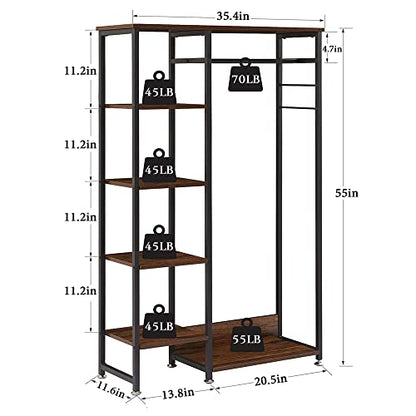 VECELO Open Garment Clothing Rack, Free-Standing Heavy Duty Storage Closet with 5 Shelves and Hanging Rod for Small Spaces, Max Load 350LBS, Brown - color: Dark Brown