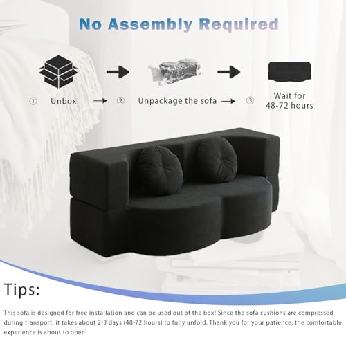 76" Convertible Folding Futon Sofa Bed, Queen Sleeper Sofa with Pillow, Teddy Floor & Futon Loveseat Couch, Foam Folding Mattress Sleeper for Living Room, Guest Use, Apartment, No Assembly (Black) - color: Black
