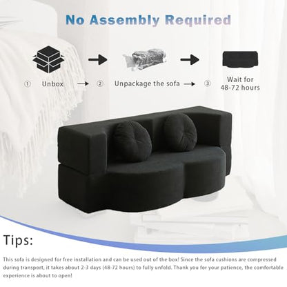 76" Convertible Folding Futon Sofa Bed, Queen Sleeper Sofa with Pillow, Teddy Floor & Futon Loveseat Couch, Foam Folding Mattress Sleeper for Living Room, Guest Use, Apartment, No Assembly (Black) - color: Black