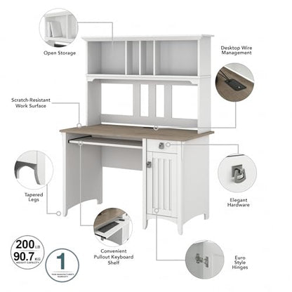 Bush Home Salinas Computer Desk with Hutch | Study Table with Drawers, Cabinets & Pullout Keyboard/Laptop Tray | Modern Home Office Desk in Pure White and Shiplap Gray | Work Desk with Storage - color: Pure White and Shiplap Gray