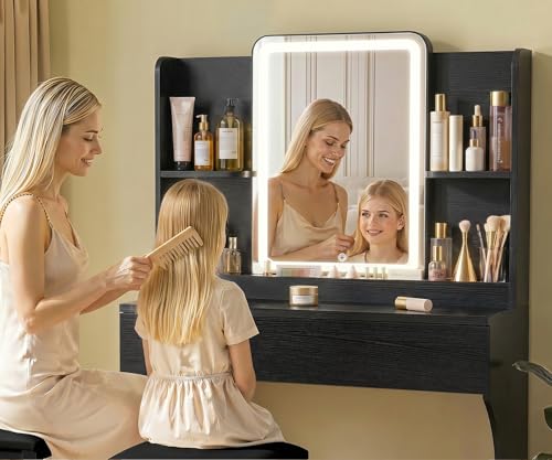 White Small Vanity Desk with Mirror and 3 Adjustable Light Modes | Dimmable Lighting, Multi Storage Area, Quick Assembly, CARB P2 Certified Material - color: Black
