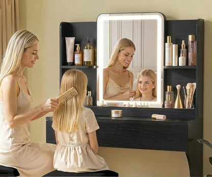 White Small Vanity Desk with Mirror and 3 Adjustable Light Modes | Dimmable Lighting, Multi Storage Area, Quick Assembly, CARB P2 Certified Material - color: Black