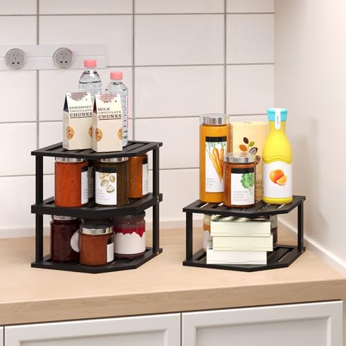 VERTORGAN 2 Tier Bamboo Corner Shelf 3 Pack Plate Organizer Kitchen(Black) | Pantry Storage,Dish Rack,Spice Rack,Corner Organizer,Kitchen Counter Shelves,Kitchen Storage,Holds Plates - color: Black, size: 3 Pc